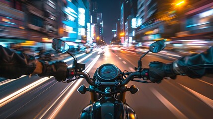 Nighttime Motorcycle Ride Through Bustling City Lights and Traffic