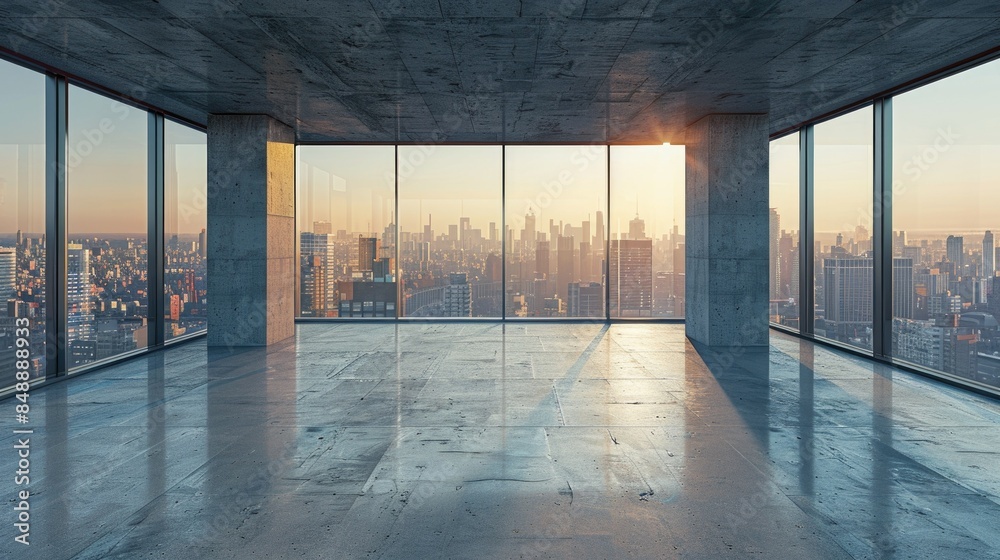 Wall mural background image of clear daylight view of modern skyline through large windows. window view of city