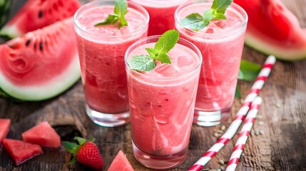 Refreshing Watermelon Smoothie in Glasses with Mint Garnish on Wooden Table