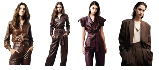 Set of chocolate fashion outfit models on png background. Ideal set for moodboards design and collage art. Brown aesthetic trends.