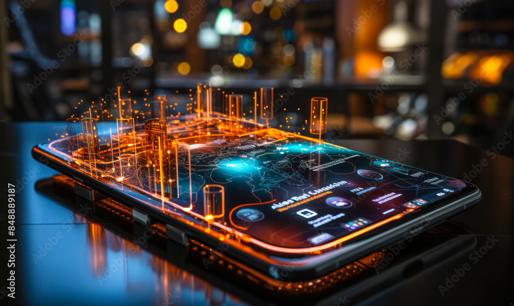 Poster futuristic smartphone displaying advanced data analytics and business intelligence graphs on a dynam