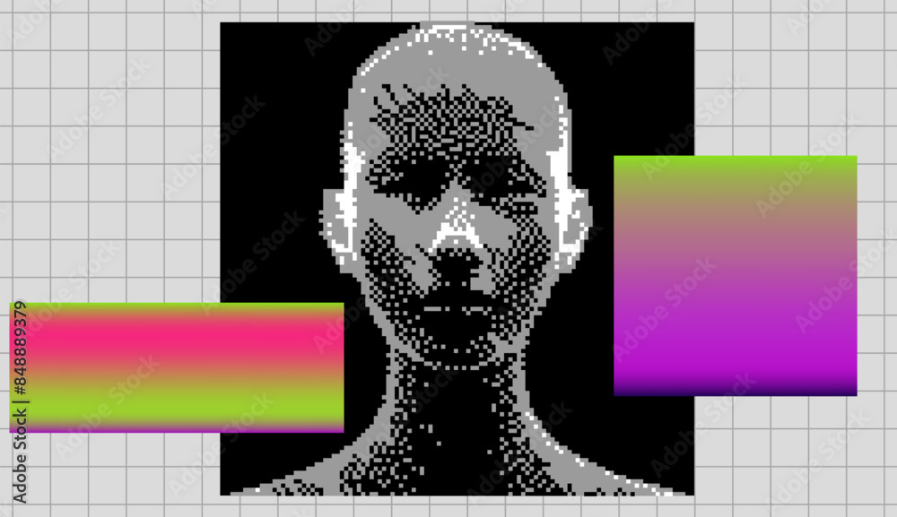 Poster a collage of gradient neon stripes and a pixelated human head on a gray background. сonceptual vecto