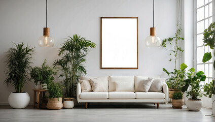 Potted house plants near a light wall with empty picture frames mock up in the interior with wicker planters made of natural materials in eco style.