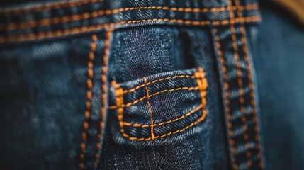 Fototapeta premium Close up of stylish jeans pocket with intricate stitching details and copy space