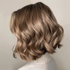 Naklejka premium A closeup of a woman's layered lob (long bob) with soft waves, showcasing the volume and movement against a solid cream background.
