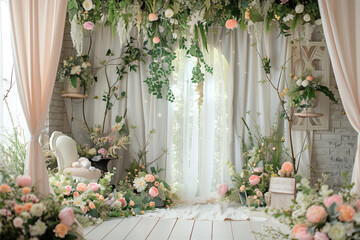 Fototapeta premium Maternity backdrop, wedding backdrop, photography background with delicate flowers and vintage wall.