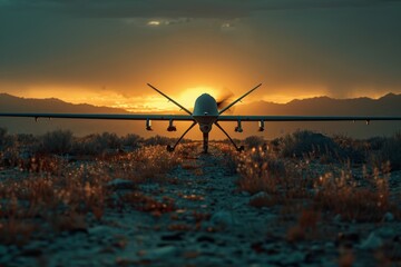 Naklejka premium Drone reconnaissance: unmanned military aircraft patrols above