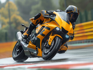 Fototapeta premium Thrilling race: yellow motorcycle speeding on track
