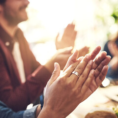 Business people, hands and meeting with applause for congratulations, well done or thank you at cafe. Closeup of employees clapping for teamwork, celebration or collaboration together at coffee shop