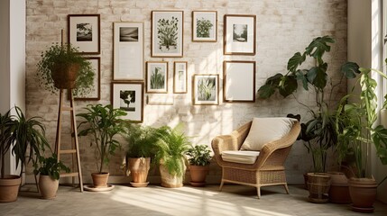 Fototapeta premium Interior of the living room of a green house, a winter garden, a glazed veranda in eco-style made of natural materials and many homemade potted plants in wicker flowerpot. 