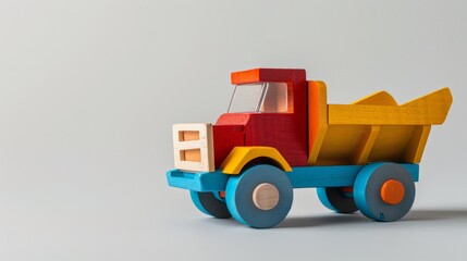 Fototapeta premium A vibrant wooden dump truck toy sits on a light gray surface