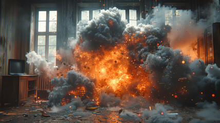 flying debris, computer heavy detonation view, backdraw, smoke and fire, chaos office, dark,generative ai