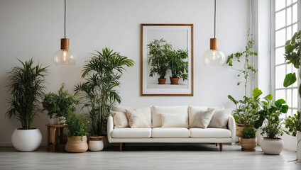 Interior of the living room of a green house, in white loft style with black walls and retro lamps, and many homemade potted plants in modern flowerpot. 