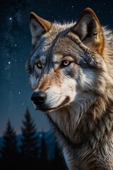 Fototapeta premium The majestic wolf stands proudly against the backdrop of the starry night sky.
