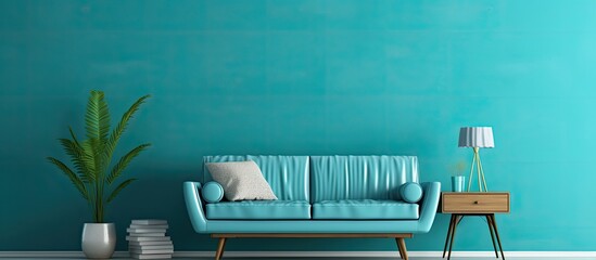 Living room with a turquoise wall showcasing a copy space image