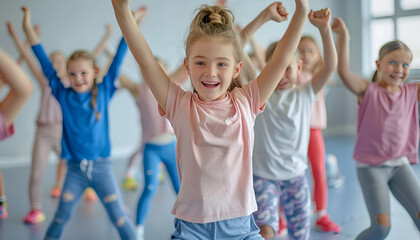 Smiling girls and boys doing dance workout during group class in fitness center