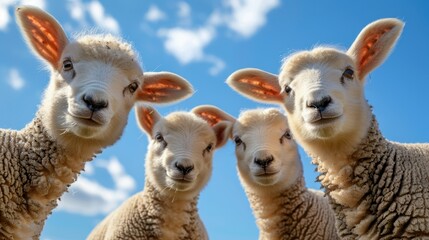 Obraz premium Curious lambs looking at the camera in the pasture with copy space in blue sky