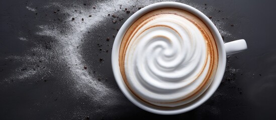 Close up view of a spiral milk foam cappuccino with copy space image