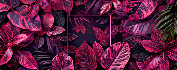 Fototapeta premium Vibrant Pink Tropical Leaves with Geometric Frame.