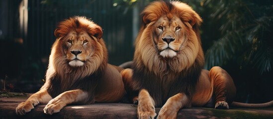Two adult lions in a zoo enclosure with a copy space image