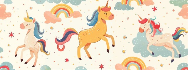Whimsical unicorn and rainbow pattern for kids.