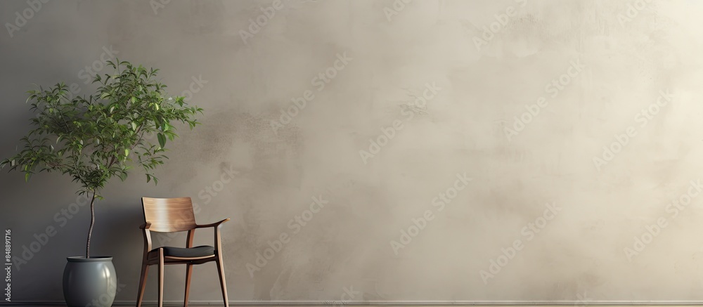 Poster Near a wall with pictures a chair and a houseplant are positioned presenting a tranquil setting with empty copy space image