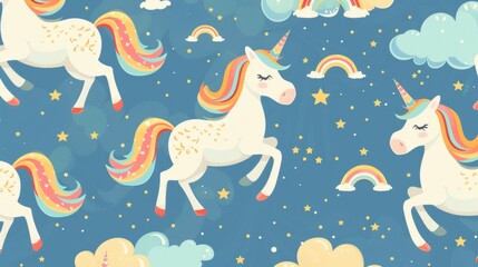 Fototapeta premium Whimsical unicorn and rainbow pattern for kids.