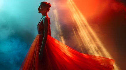 Avant Garde Fashion Model in Dramatic Red Dress with Theatrical Lighting