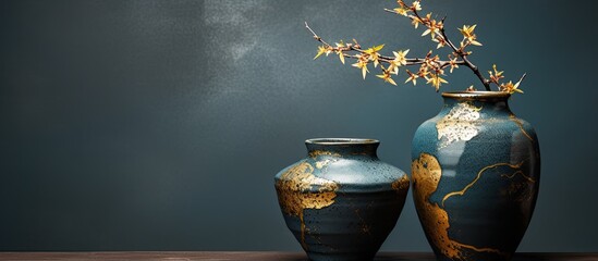 Old Japanese pottery given a fresh life with the ancient technique of gold crack restoration showcasing its unique beauty with an antique touch in this copy space image