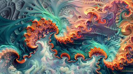 This design is full of beautiful fractal patterns that surprise with their complexity and aesthetics. The colors and composition create a mesmerizing panorama.
