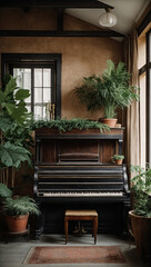 Obraz premium An antique piano with burning candles in the interior with potted plants. Cozy atmospheric living room