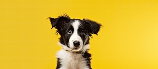 Fototapeta premium Adorable border collie puppy posing in a studio with a yellow background eagerly awaiting a treat Perfect for pet care and animal themed designs with copy space image