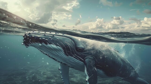 A Humpback whale appears above the ocean surface