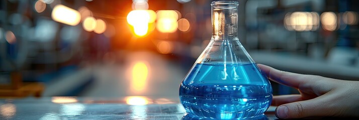 A person is holding a beaker filled with blue liquid, illuminated by light