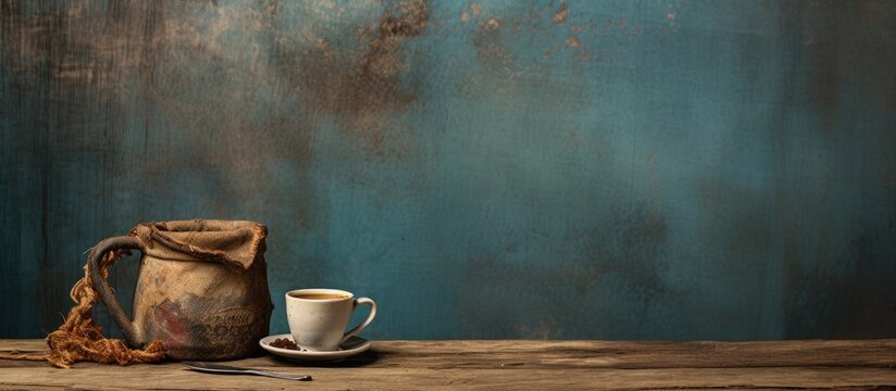 Old rusty background with a cup of coffee a bag and a scoop providing an ideal setting for a copy space image