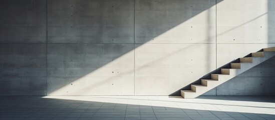 Fototapeta premium Modern building with architectural details showcasing cement concrete wall stairs highlighted with dramatic shade and shadow lighting in a captivating copy space image