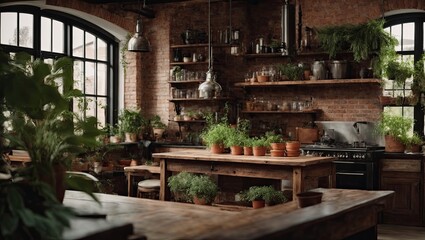 The interior of the loft-style dark kitchen with lots of green potted plants with brick walls. Green house, black kitchen, shelves with open storage.