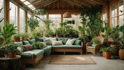 Fototapeta premium Interior of the living room of a green house, a winter garden, a glazed veranda in eco-style made of natural materials and many homemade potted plants in wicker flowerpot. 