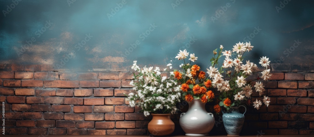 Wall mural Floral home decor displayed against a brick wall backdrop with copy space image available