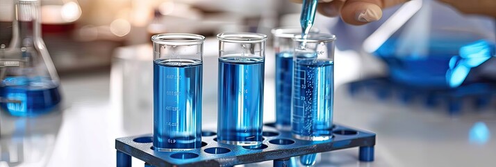 Person pouring blue liquid into test tubes in a laboratory experiment