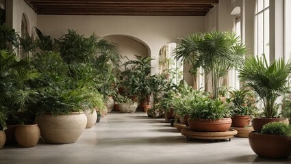Fototapeta premium Interior of a green house, a winter garden in eco-style made of natural materials and many potted plants in wicker flowerpot.