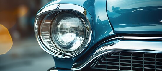 Close up image showcasing a vintage car headlight in Classic Blue with ample copy space