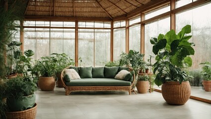 Interior of the living room of a green house, a winter garden, a glazed veranda in eco-style made of natural materials and many homemade potted plants in wicker flowerpot. 