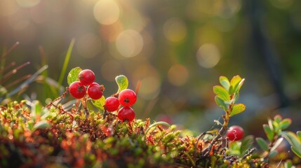 Macro photograph of ripe wild berries like lingonberries partridgeberries or cowberries in the forest during the summer season