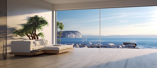 Modern house living room with a view of the ocean showcasing empty space for images. Copy space image. Place for adding text and design
