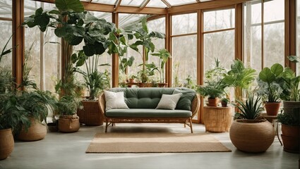 Interior of the living room of a green house, a winter garden, a glazed veranda in eco-style made of natural materials and many homemade potted plants in wicker flowerpot. 