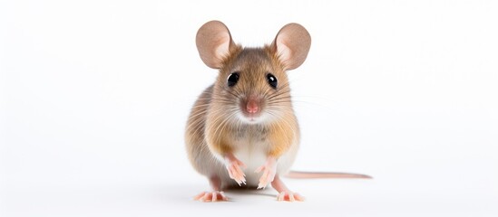 A small mouse in a close up view standing on its hind legs with a white background provides ample copy space image
