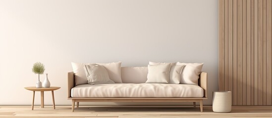 Living room interior with a mock up poster frame beige sofa and various decorations perfect for showcasing home decor in a copy space image