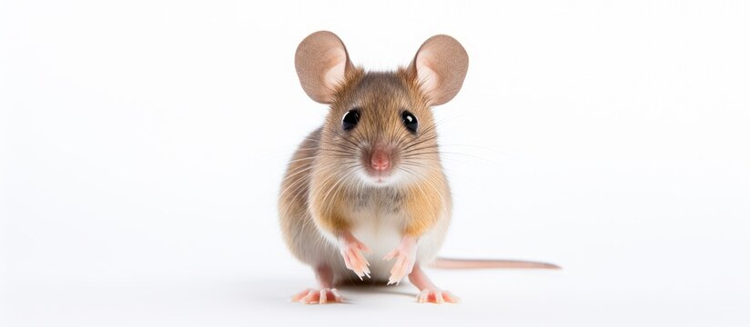 A small mouse in a close up view standing on its hind legs with a white background provides ample copy space image