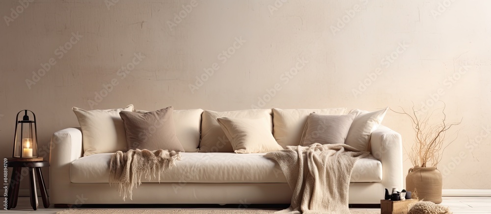 Wall mural Room featuring a beige sofa adorned with a knitted blanket and cushions perfect for interior design with copy space image